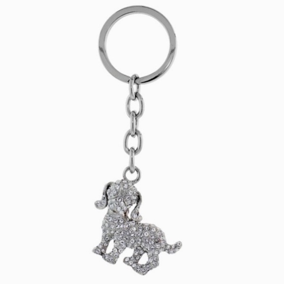 NEW Crystal Dog 3D Charm Key Chain Holder Bag Accessory SilverTone - Picture 1 of 8